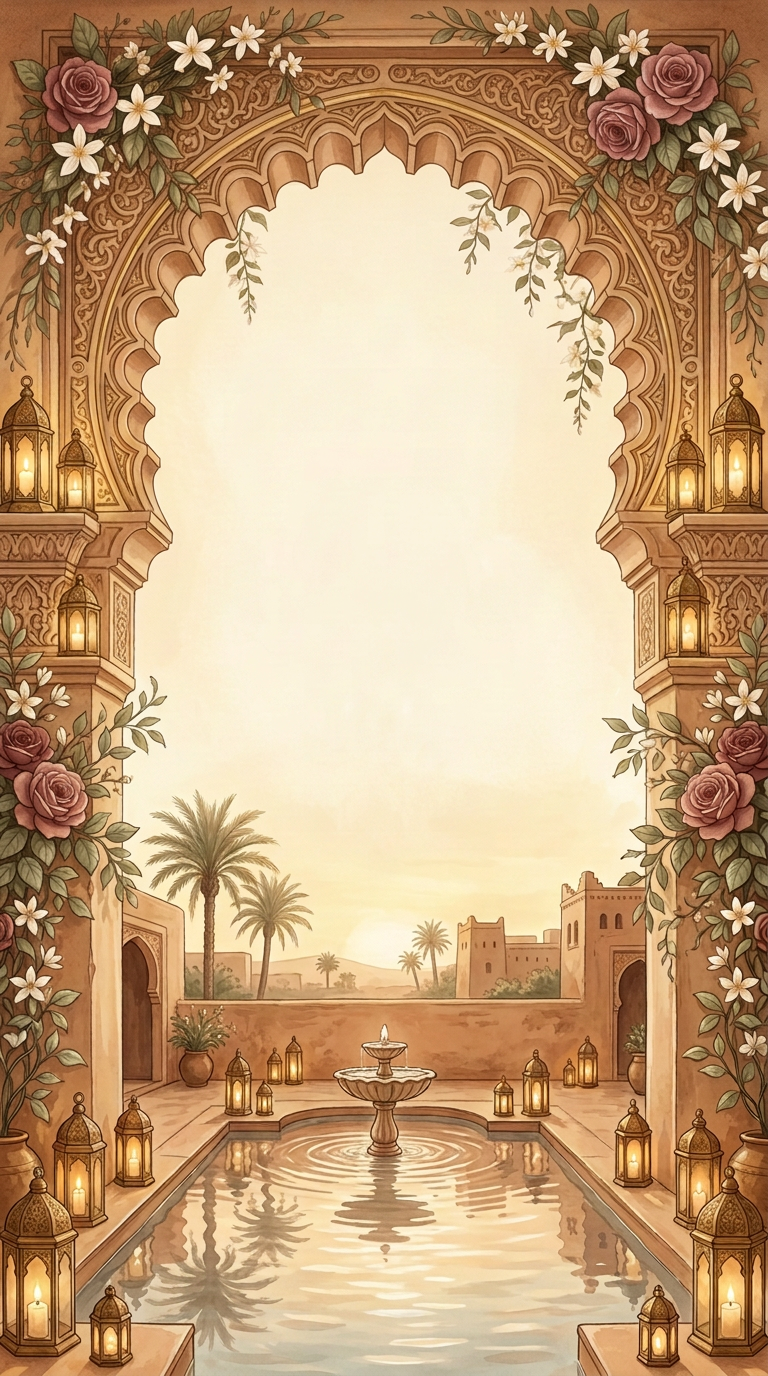 Enchanted watercolor courtyard with an intricately carved Moorish arch, terracotta roses, ivory jasmine, glowing brass lanterns and a reflecting fountain