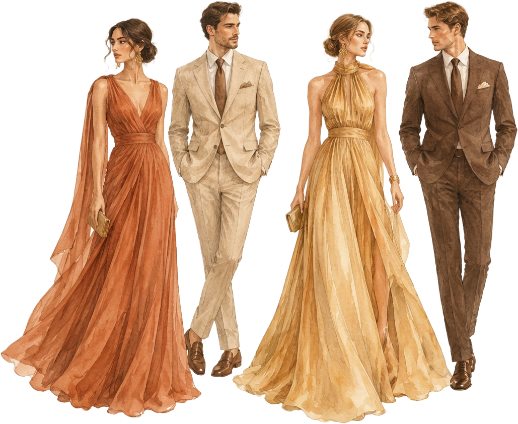 Editorial illustration of wedding guests in terracotta and gold gowns and sand and umber suits